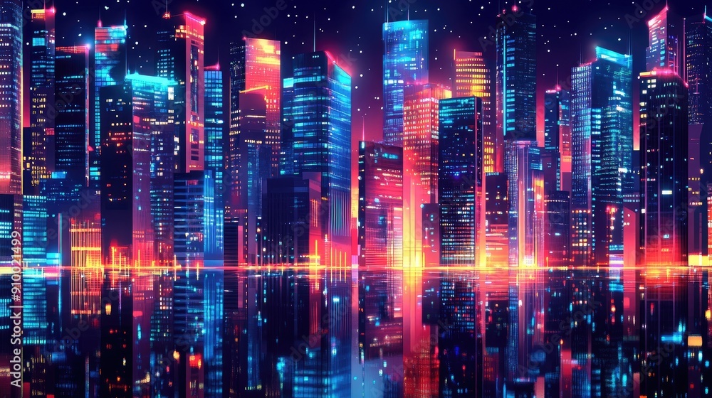 Vibrant Futuristic Cityscape at Night with Neon Lights Reflecting on Water Vibrant Futuristic Cityscape at Night with Neon Lights Reflecting on Water