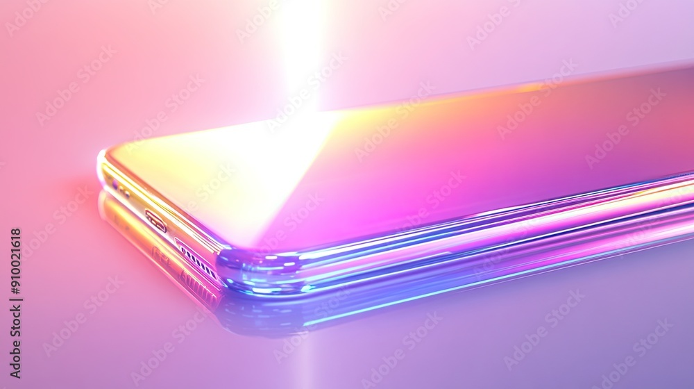 Close-up of Modern Smartphone with Vibrant Gradient Colors and Reflective Surface in Soft Lighting Close-up of Modern Smartphone with Vibrant Gradient Colors and Reflective Surface in Soft Lighting