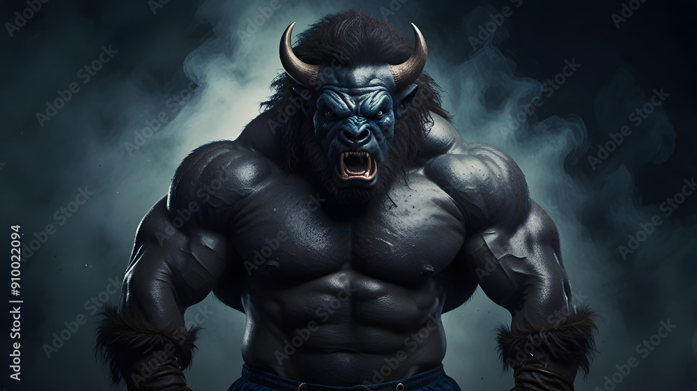 Angry Muscular Bison Bodybuilder with Blue Smoke on a Dark Background Angry Muscular Bison Bodybuilder with Blue Smoke on a Dark Background