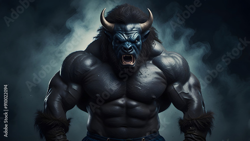 Angry Muscular Bison Bodybuilder with Blue Smoke on a Dark Background photo