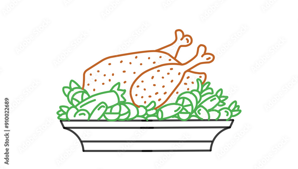 Oven Roasted Turkey in Pan with fresh Vegetable Concept, Thanksgiving Day dinner Vector line Design, Harvest festival Symbol, Secular holiday Sign, Religious and cultural traditions Stock Illustration Oven Roasted Turkey in Pan with fresh Vegetable Concept, Thanksgiving Day dinner Vector line Design, Harvest festival Symbol, Secular holiday Sign, Religious and cultural traditions Stock Illustration