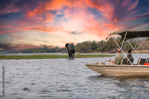 Photography Chobe National Park, Botswana : Tourists in a boat observe elephants along the riverside of Chobe River in Chobe National Park, Botswana