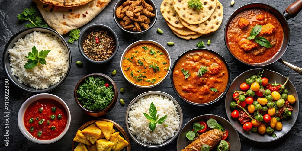 Assorted Indian food on black background, Indian cuisine, curry, spices, naan, dal, samosa, biryani Assorted Indian food on black background, Indian cuisine, curry, spices, naan, dal, samosa, biryani