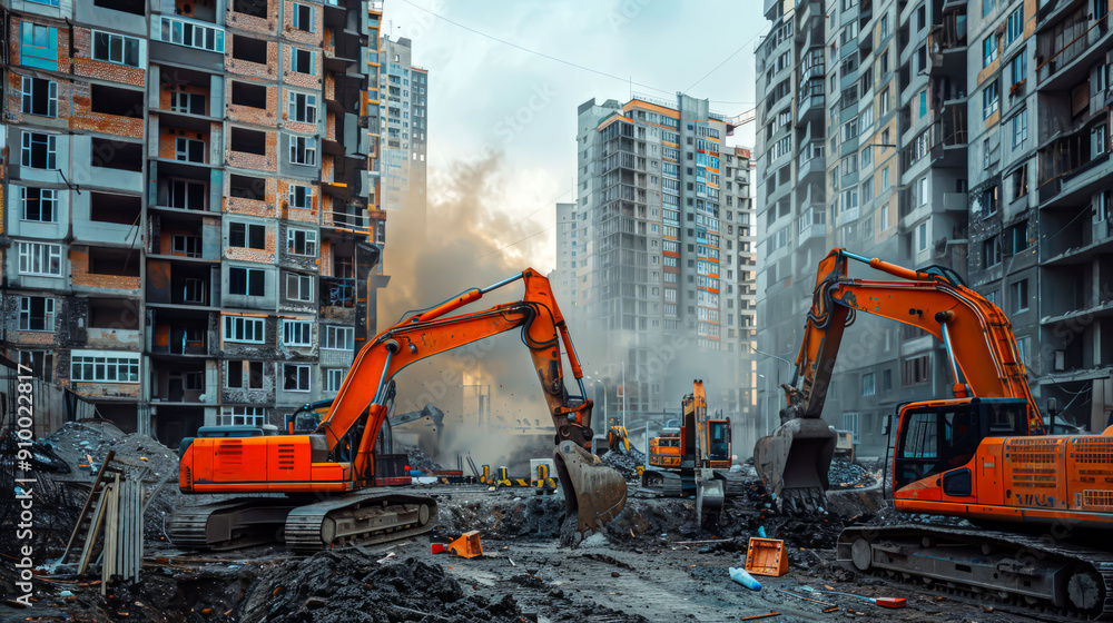 Excavators at Work: Clearing Destroyed Sites. Excavators at Work: Clearing Destroyed Sites.