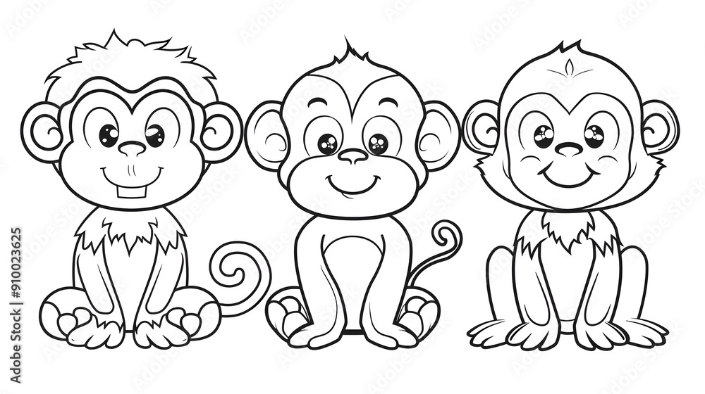 A black and white coloring page illustration of three cute baby monkeys sitting together, each with a cheerful expression, perfect for children's activities. A black and white coloring page illustration of three cute baby monkeys sitting together, each with a cheerful expression, perfect for children's activities.