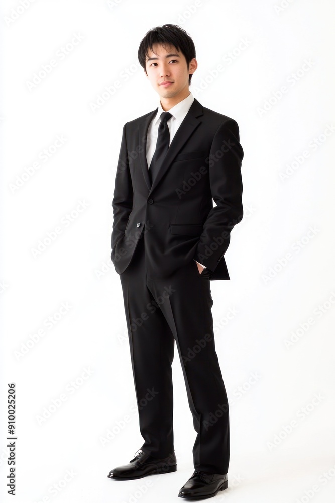 Young Man in Black Suit with Hands in Pockets, Poised Look Young Man in Black Suit with Hands in Pockets, Poised Look