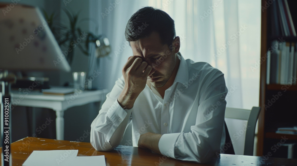 A somber man dressed in white sits at a wooden desk, head in hand, shrouded by a melancholic light, suggesting deep worry or contemplation in a subdued environment. A somber man dressed in white sits at a wooden desk, head in hand, shrouded by a melancholic light, suggesting deep worry or contemplation in a subdued environment.