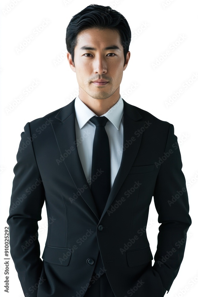 Man in black suit with calm expression facing camera Man in black suit with calm expression facing camera