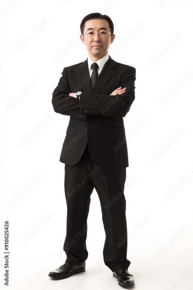 Elderly man in black suit with glasses arms crossed Elderly man in black suit with glasses arms crossed