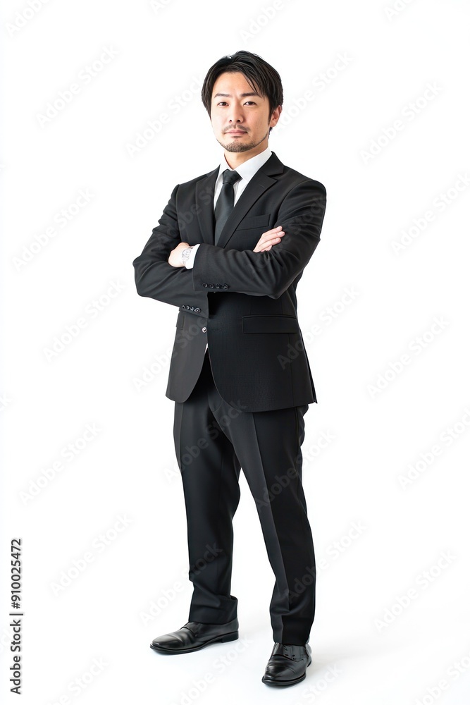 Man in tailored suit standing confidently with arms crossed Man in tailored suit standing confidently with arms crossed