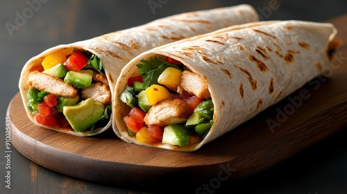 Fresh Wraps, Chicken avocado burritos with vibrant vegetables, Healthy meal.