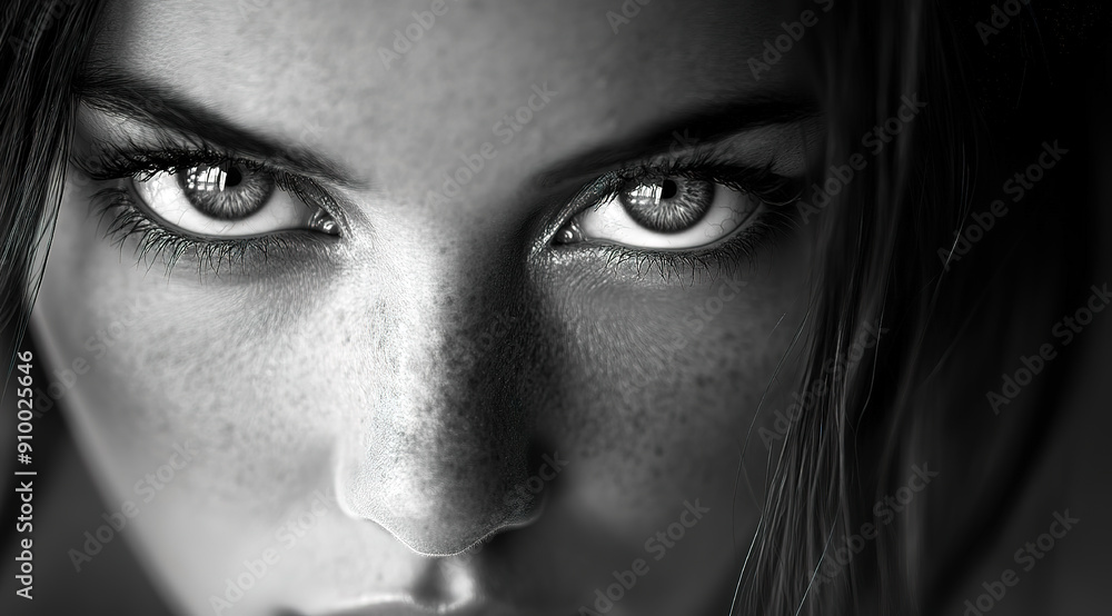 Intense gaze of a young woman with captivating features. Intense gaze of a young woman with captivating features.