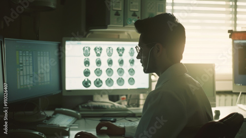 A silhouette of a doctor deeply focused on analyzing brain scans on multiple computer monitors in a dimly lit medical office.