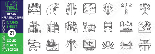 A set of line icons related to Urban Infrastructure, Road, bridge, bus stop, traffic, buildings, map, park, stadium, transportation and so on. Vector outline icons set.