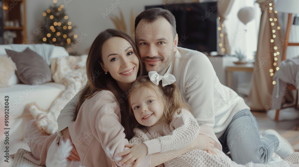 A joyful family of three, sitting close together in a cozy living room decorated for the holidays, smiling warmly at the camera. A joyful family of three, sitting close together in a cozy living room decorated for the holidays, smiling warmly at the camera.