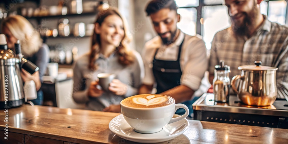 A warm and inviting coffee shop scene featuring a beautifully crafted latte in the foreground as baristas and customers engage in friendly conversations in the background. A warm and inviting coffee shop scene featuring a beautifully crafted latte in the foreground as baristas and customers engage in friendly conversations in the background.