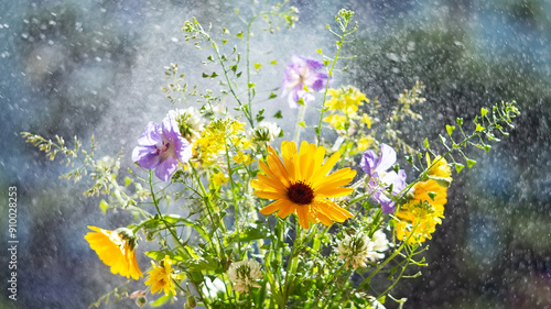 Bouquet of wild flowers on blurred background with drops of water and bokeh. Banner.