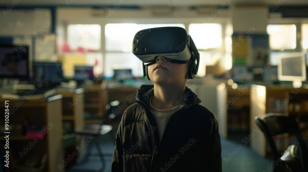 A child explores a virtual reality experience in an educational setting, wearing VR goggles and looking awe-inspired by the immersive technology. A child explores a virtual reality experience in an educational setting, wearing VR goggles and looking awe-inspired by the immersive technology.