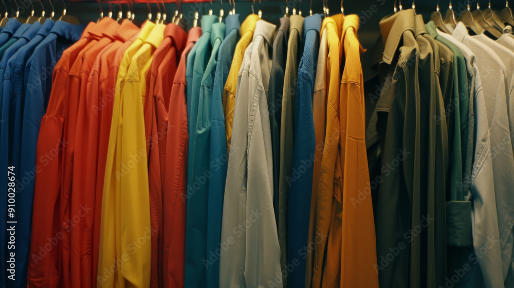 A colorful array of shirts neatly hung in a closet, showcasing a vibrant and organized fashion collection. A colorful array of shirts neatly hung in a closet, showcasing a vibrant and organized fashion collection.