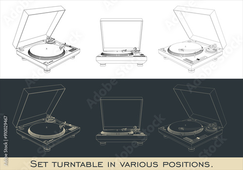 Set vector of the classic turntable vinyl player in various positions. isolated in transparent background