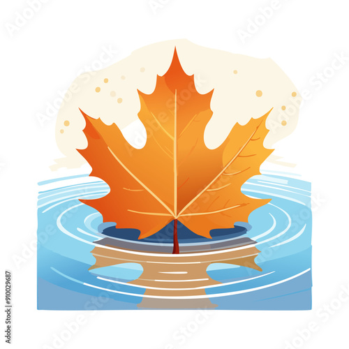 Vibrant autumn leaf floating on calm water surrounded by gentle ripples in the afternoon light