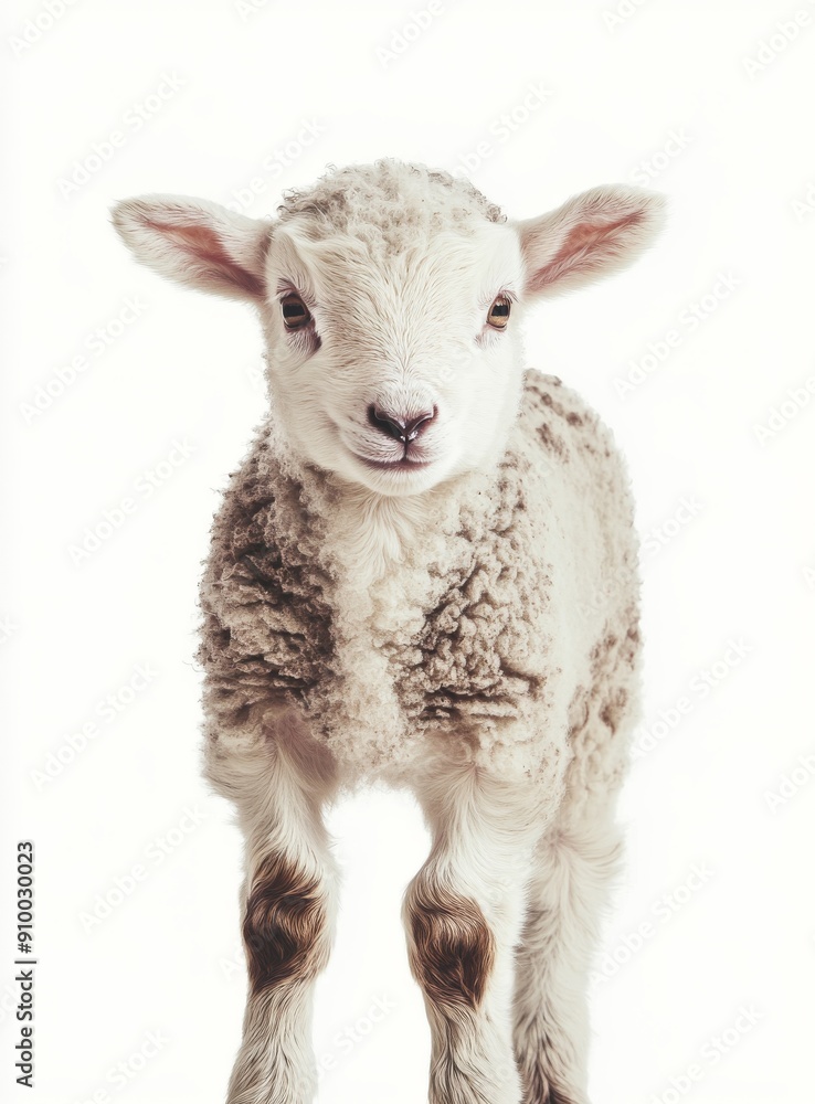 Fototapeta premium An adorable white lamb on a white background, transparent PNG