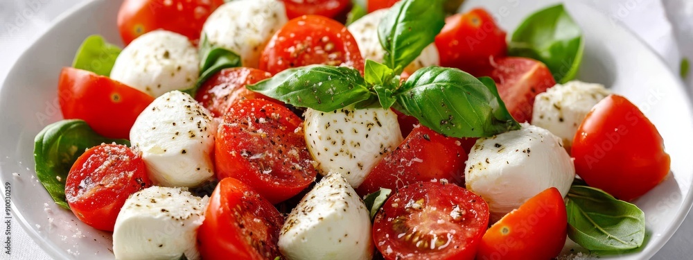 Caprese Salads (top and side views) with fresh mozzarella, tomato and basil on white background. Caprese Salads (top and side views) with fresh mozzarella, tomato and basil on white background.