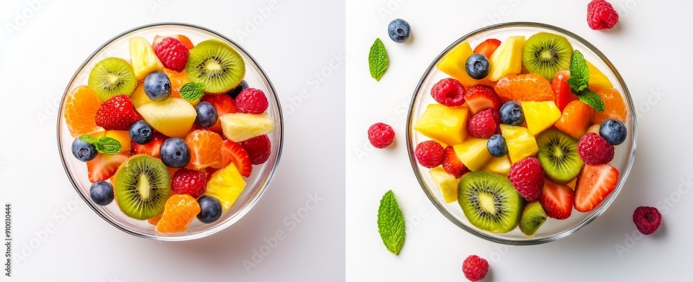 Isolated berries and fruits on a white background in two fruit salad bowls Isolated berries and fruits on a white background in two fruit salad bowls