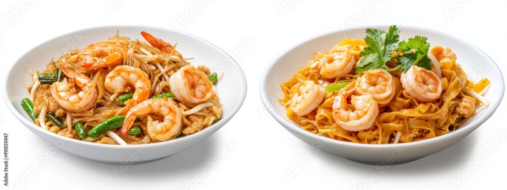 Thai pad Thai noodle dish with shrimp, peanuts, and rice noodles, on white background with Asian food collection Thai pad Thai noodle dish with shrimp, peanuts, and rice noodles, on white background with Asian food collection