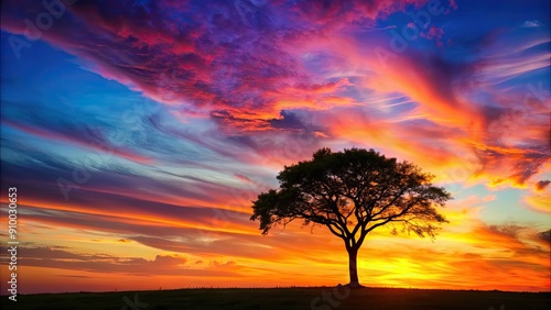 Silhouette of a tree against a colorful sunset sky, nature, outdoors, landscape, branches, silhouette, sunset, sky