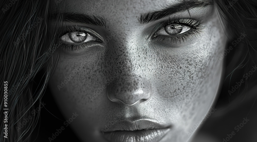 Freckled young woman gazes intensely with captivating eyes. Freckled young woman gazes intensely with captivating eyes.