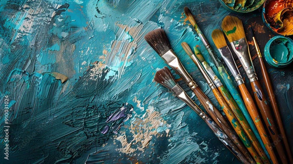 Fototapeta premium Oil Painting Supplies on a Workspace Table with Brushes Palette and Paint Tubes