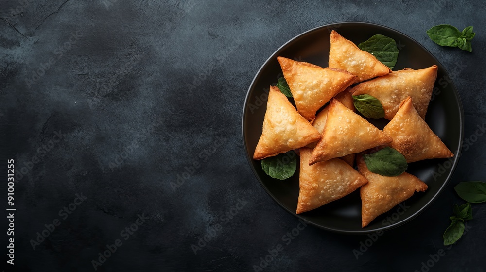 This image shows a plate with Indian samosas against a dark black stone texture background and space for designer text This image shows a plate with Indian samosas against a dark black stone texture background and space for designer text