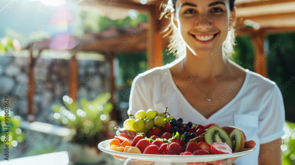 A smiling woman in a white shirt presents a plate brimming with fresh fruits, standing in a beautifully lit outdoor patio. A smiling woman in a white shirt presents a plate brimming with fresh fruits, standing in a beautifully lit outdoor patio.