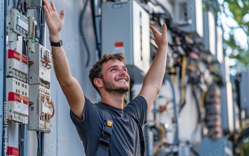 A jubilant electrician, arms raised in triumph, stands proudly beside a newly installed electrical panel on the exterior of a building.