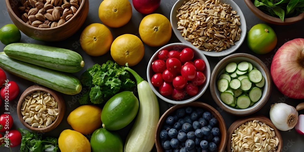 Healthy food clean eating selection , contains of fruit, vegetable, seeds, nuts, superfood, cereal, leaf vegetable on gray concrete background Healthy food clean eating selection , contains of fruit, vegetable, seeds, nuts, superfood, cereal, leaf vegetable on gray concrete background