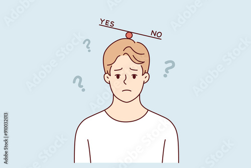 Mental swings for psychologically unstable man who is thinking about difficult question and is unable to make choice. Guy suffers from mental swings and need to decide or take responsibility.