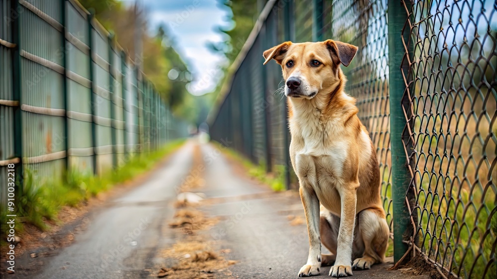 Abandoned dog tied to a fence along a road, looking for its owner ...