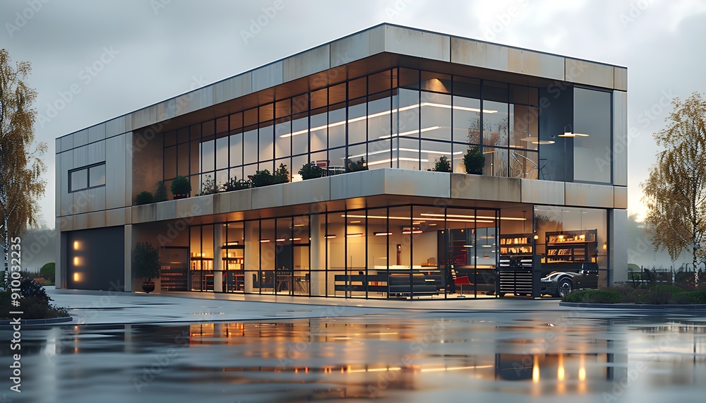 Modern Industrial Minimalist Office with Two Stories and Prominent Glass Elements Modern Industrial Minimalist Office with Two Stories and Prominent Glass Elements