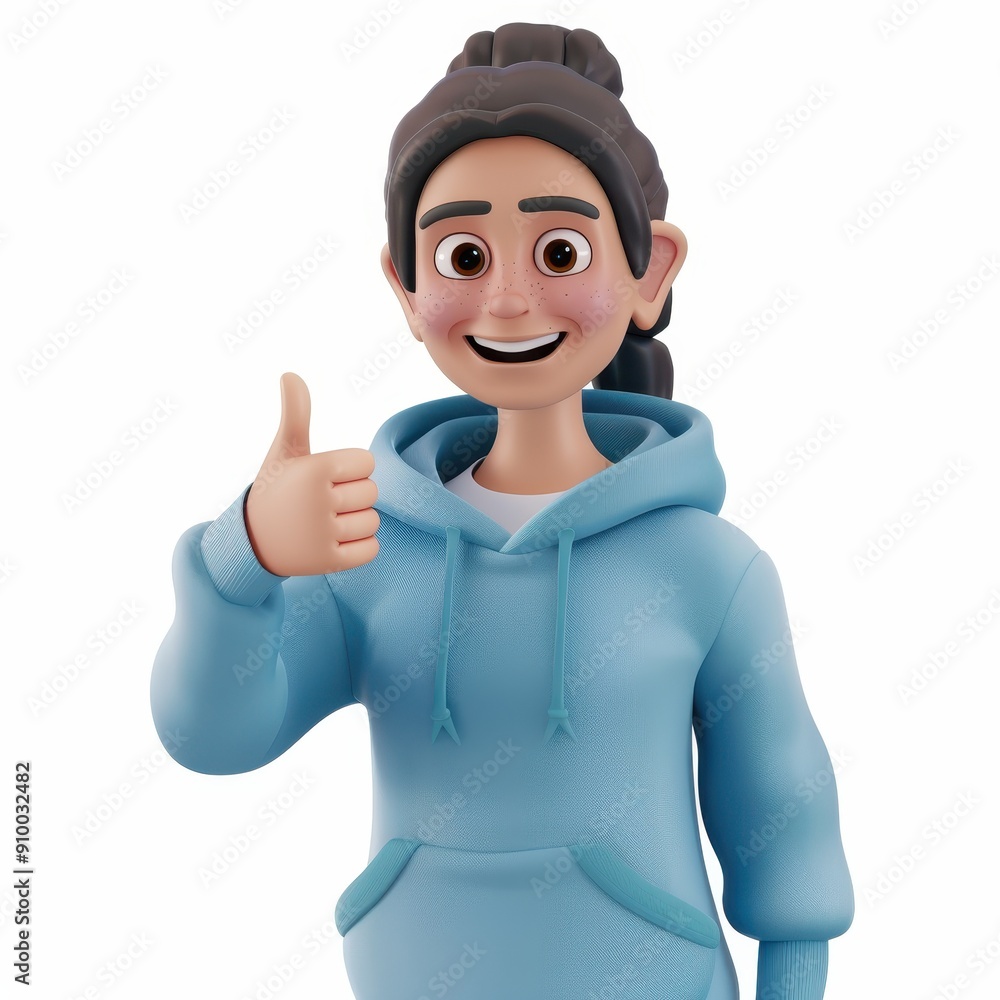 Happy smiling cartoon character young adult woman in a blue hoodie showing a thumbs-up gesture in 3D style on a white background. 
