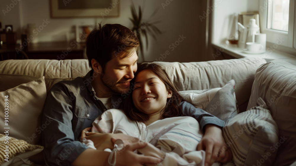 A loving couple smiles and embraces on a cozy couch in a softly lit room, radiating warmth, happiness, and intimate connection against a homey backdrop. A loving couple smiles and embraces on a cozy couch in a softly lit room, radiating warmth, happiness, and intimate connection against a homey backdrop.