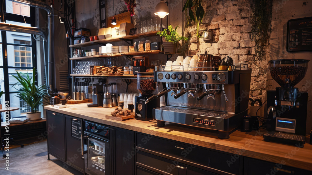 Professional coffee shop kitchen with a coffee machine next to the ice machine, wooden countertops, coffee beans. Professional coffee shop kitchen with a coffee machine next to the ice machine, wooden countertops, coffee beans.