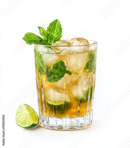 Fresh green limes, mint, and ice cubes for a mojito cocktail, isolated on a transparent background