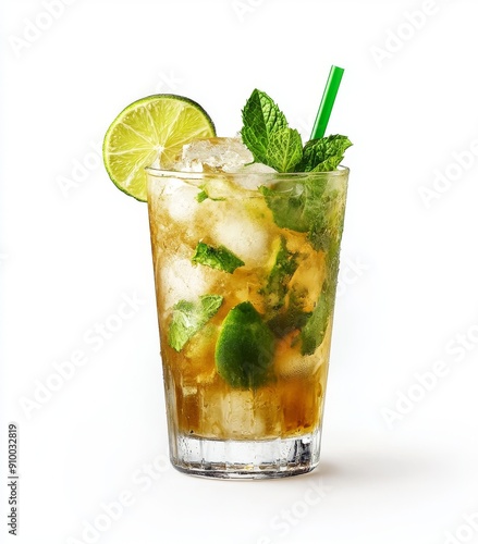 Isolated on a transparent background, a mojito cocktail composed of fresh green limes, mint, and ice cubes