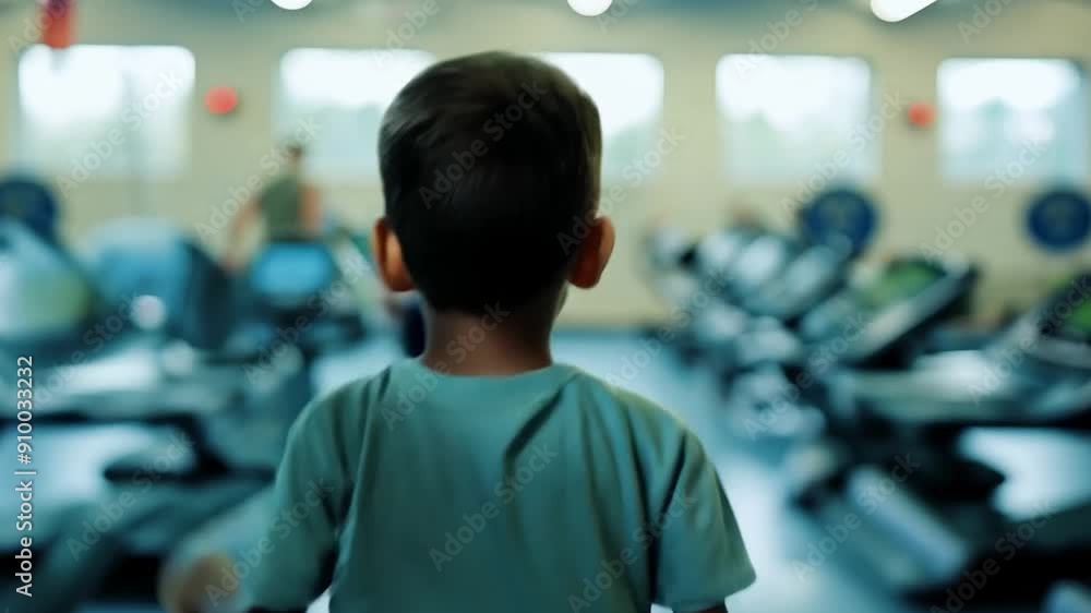 A child stands quietly, watching adults workout in a bustling gym, filled with exercise equipment and natural light streaming through the windows A child stands quietly, watching adults workout in a bustling gym, filled with exercise equipment and natural light streaming through the windows