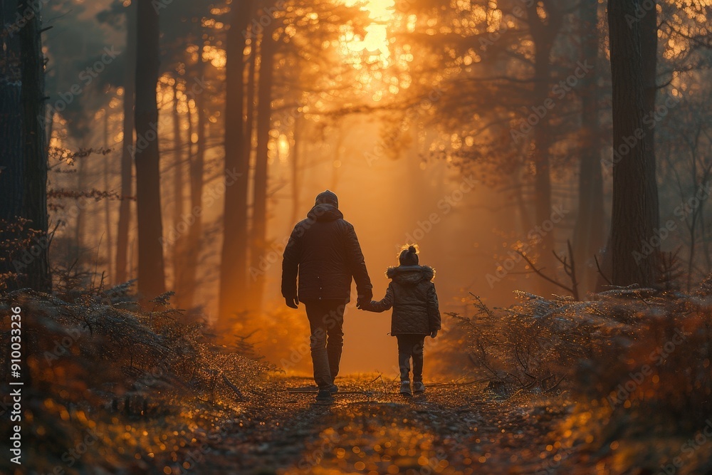 A family enjoying a peaceful walk in a forest with tall trees and soft sunlight A family enjoying a peaceful walk in a forest with tall trees and soft sunlight