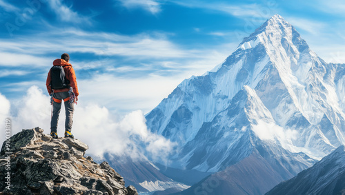 Climber on the top of a a mountain looking up to a more bigger mountain. Motivation to aim for higher.
