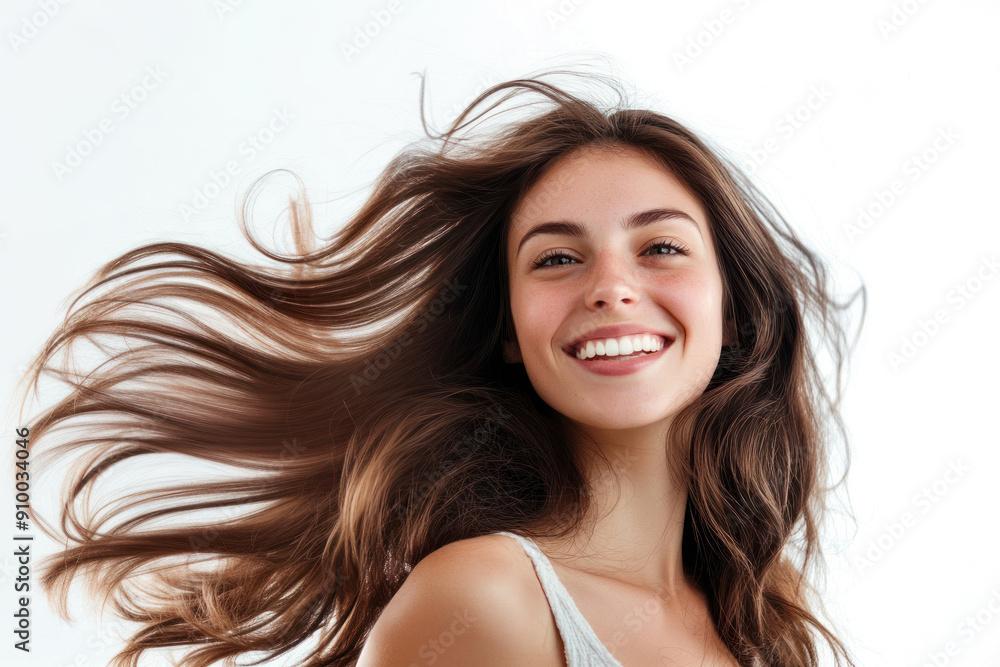 Happy Young Woman With Beautiful Flying Brown Hair on White Background Happy Young Woman With Beautiful Flying Brown Hair on White Background