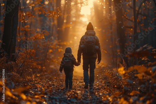 A family enjoying a peaceful walk in a forest with tall trees and soft sunlight