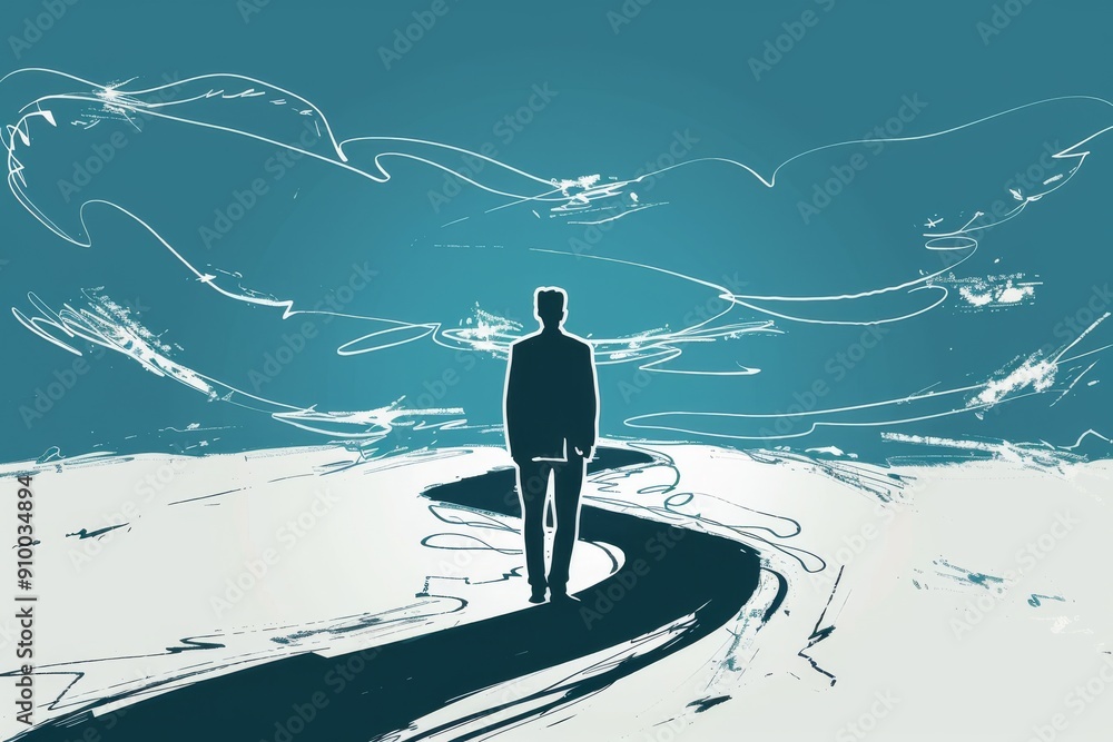 Obraz premium Sleek outline drawing of a businessman planning his path to success.